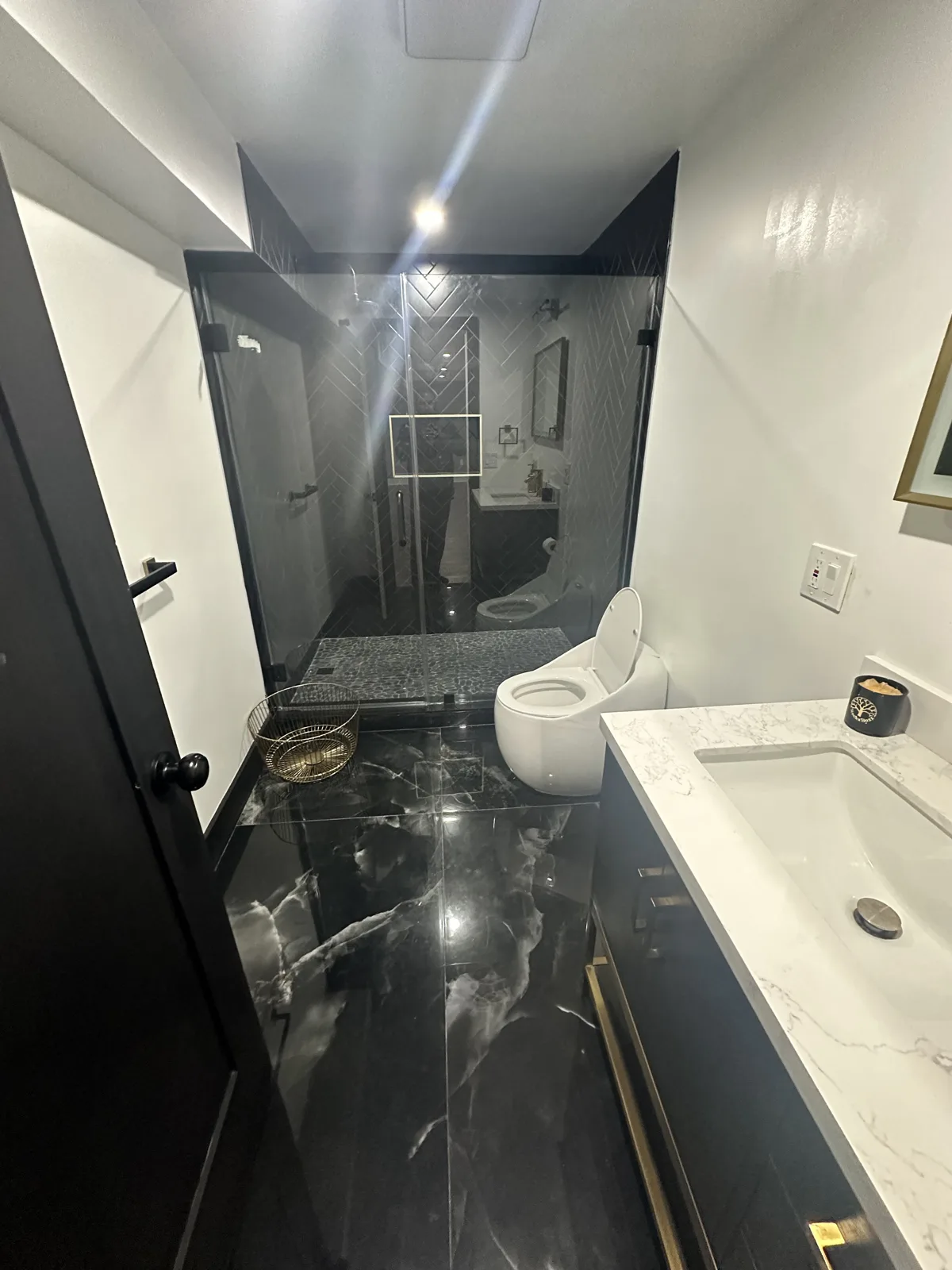 View through the bathroom door showing the glass walk-in shower, toilet, vanity and glossy black floor tile