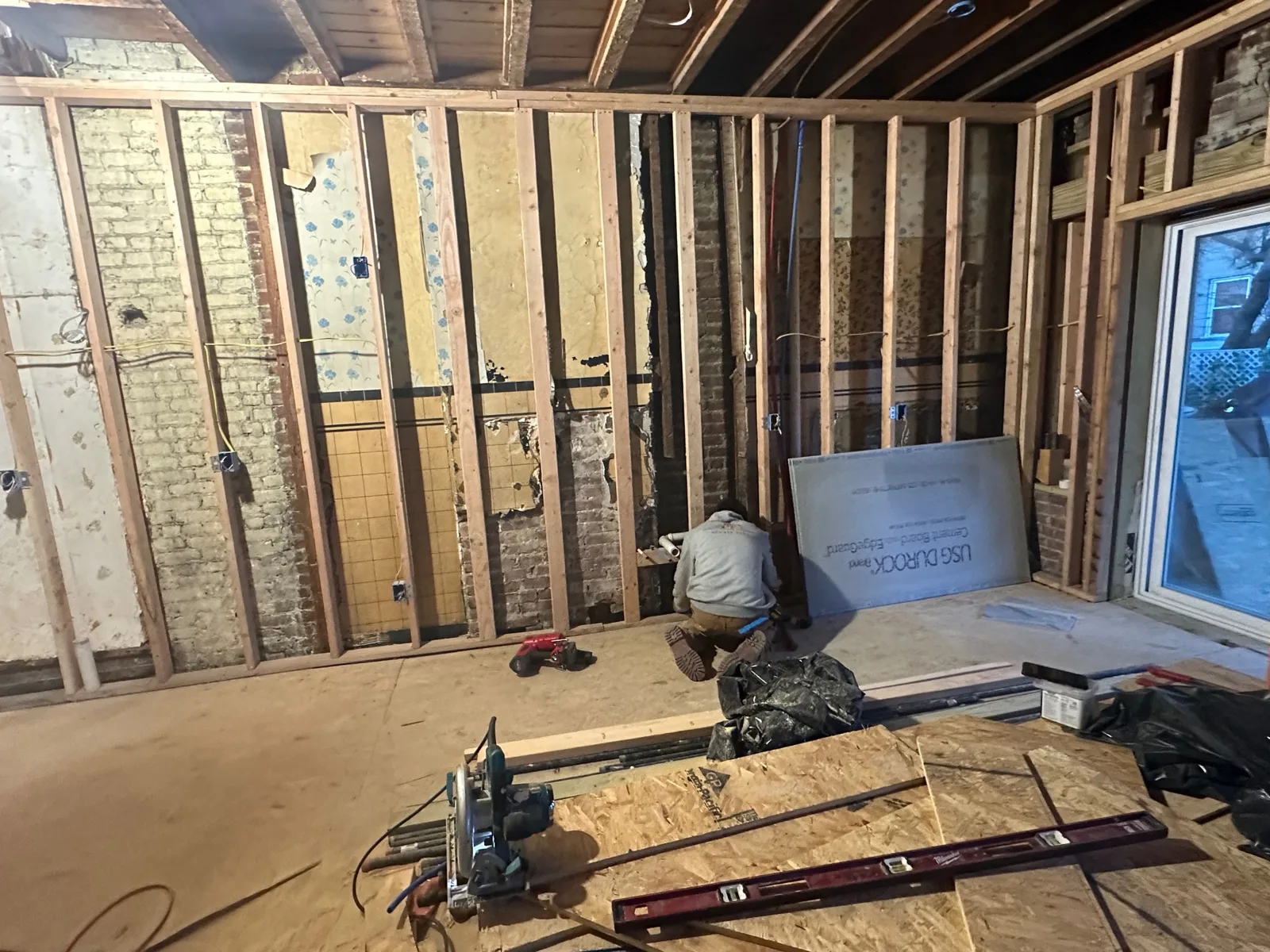 Same Union City renovation with new stud walls, plywood subfloor and new electrical wiring